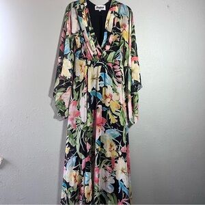 Meghan LA Floral Maxi Dress M Boho Sheer Long Sleeve Flowy Black Multi